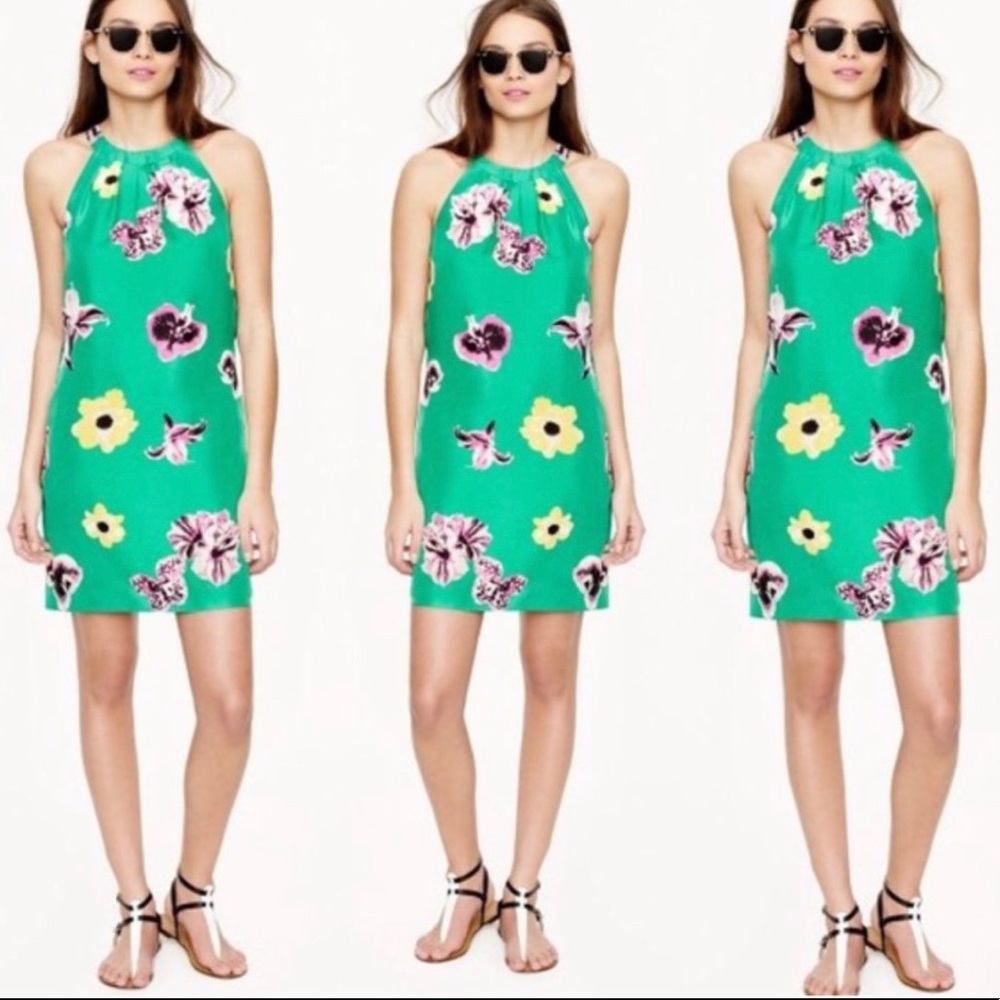 j crew green halter silk floral mini dress